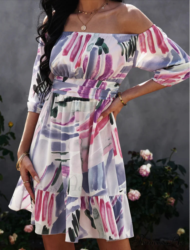 Off Shoulder Print Mini Dress Summer Women Slash Neck A-Line Floral Dress M / PURPLE