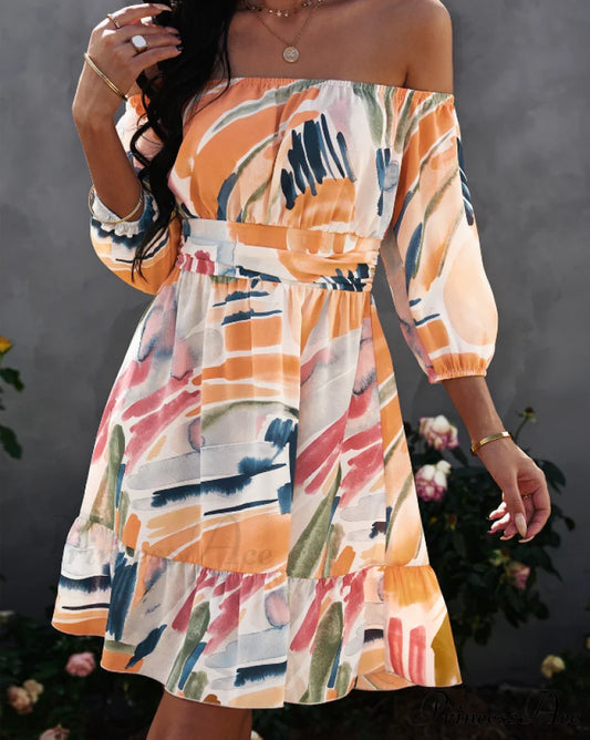 Off Shoulder Print Mini Dress Summer Women Slash Neck A-Line Floral Dress S / GREEN