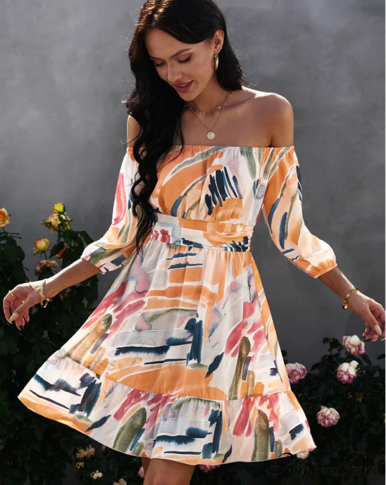 Off Shoulder Print Mini Dress Summer Women Slash Neck A-Line Floral Dress S / ORANGE