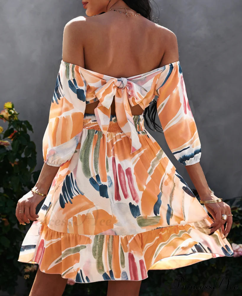 Off Shoulder Print Mini Dress Summer Women Slash Neck A-Line Floral Dress S / PURPLE