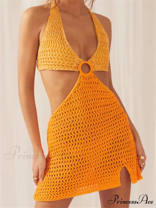 Off-Shoulder Ribbon Mini Dress Orange / S minidress-250223