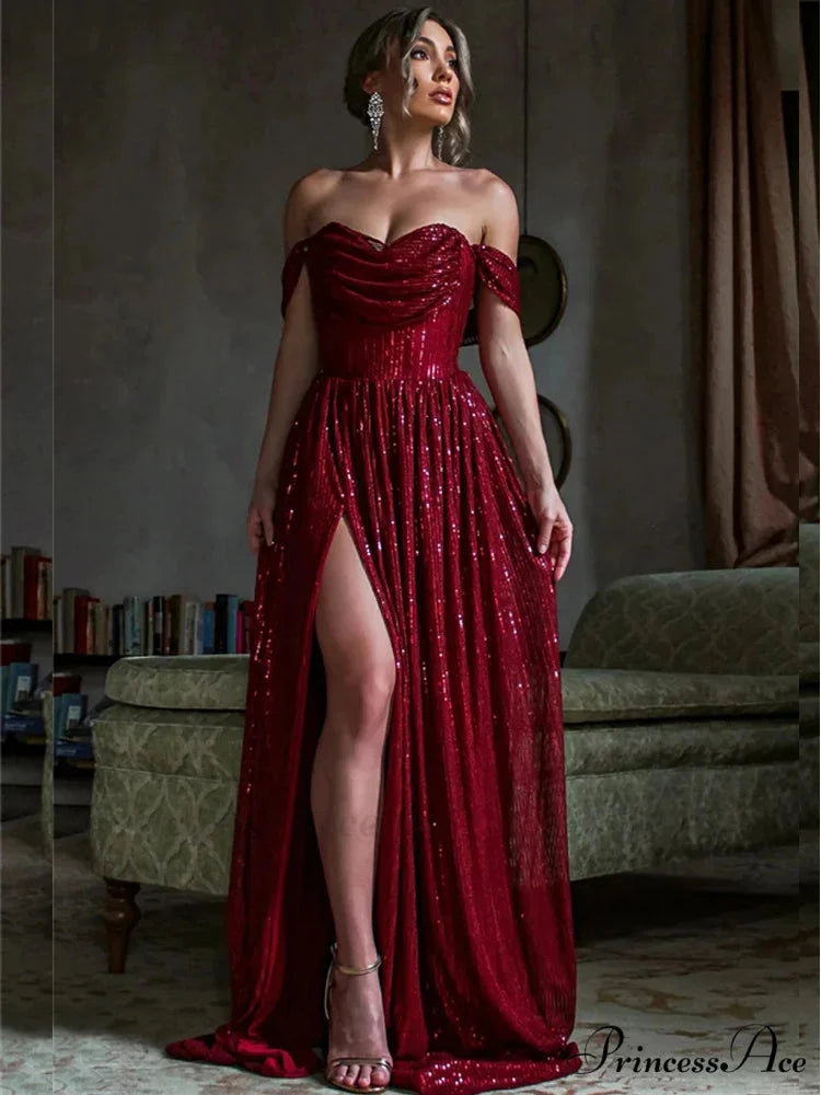 Off-Shoulder Ruched Sequin Party Dress