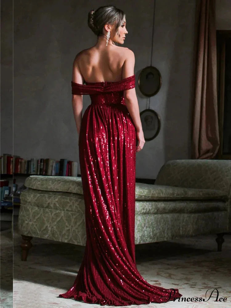 Off-Shoulder Ruched Sequin Party Dress