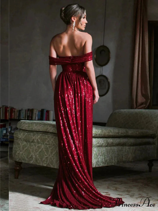 Off-Shoulder Ruched Sequin Party Dress