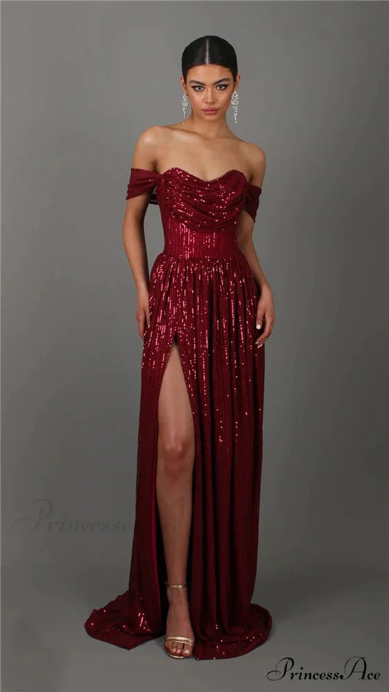 Off-Shoulder Ruched Sequin Party Dress Claret / S