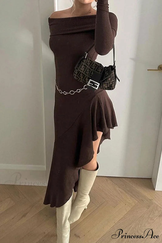 Off Shoulder Ruffle Hem Knit Dress Brown / S