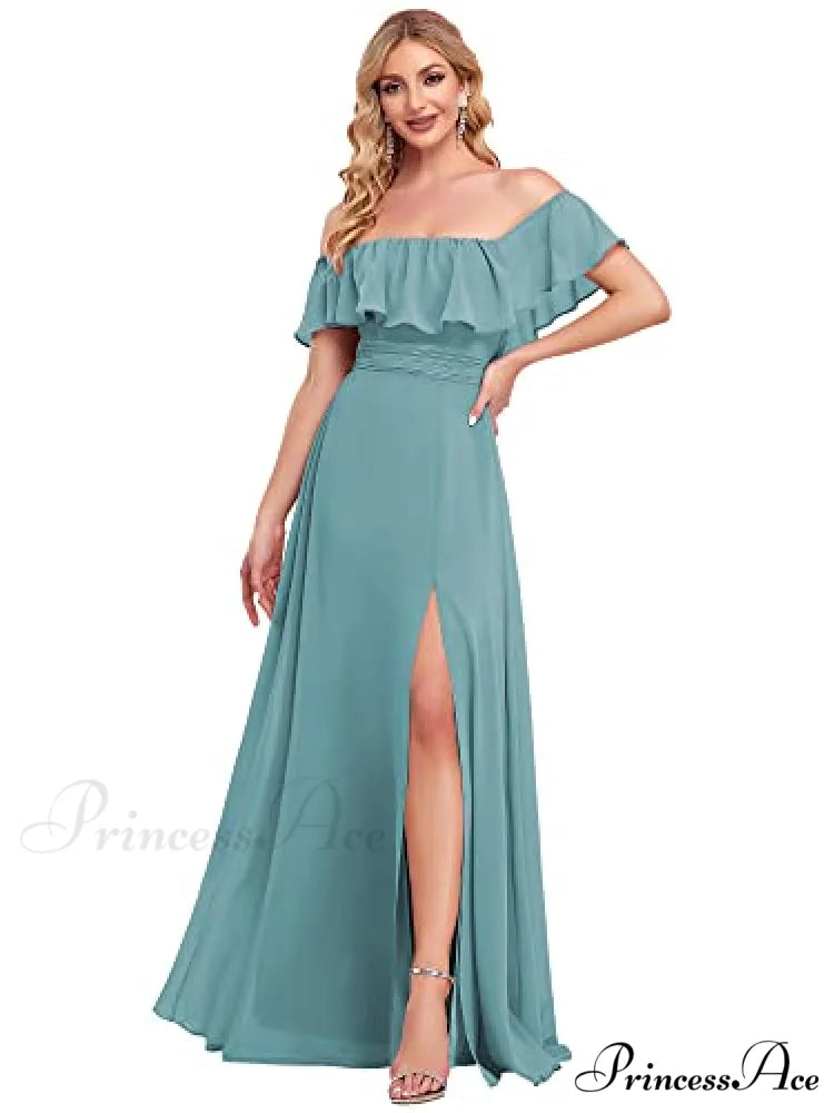 Off Shoulder Ruffle Party Side Split Beach Maxi Dress