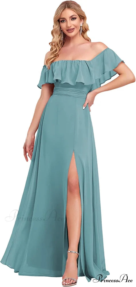 Off Shoulder Ruffle Party Side Split Beach Maxi Dress Blue / 22