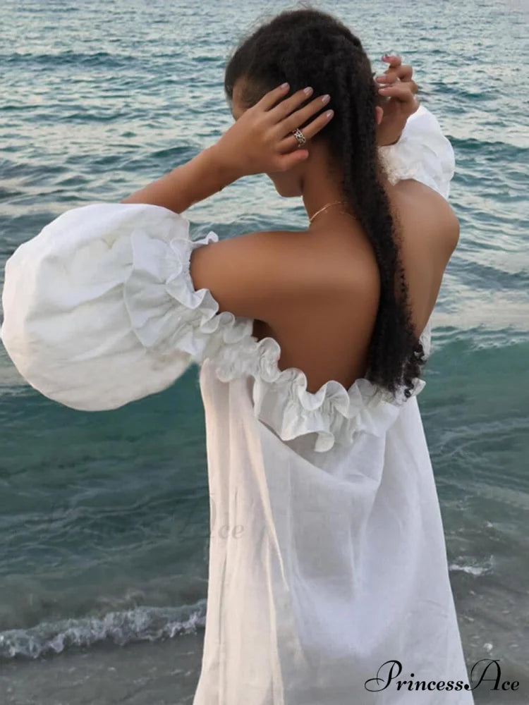 Off Shoulder Ruffle Puff Graceful Sleeve Pocketed Midi Dress White / L