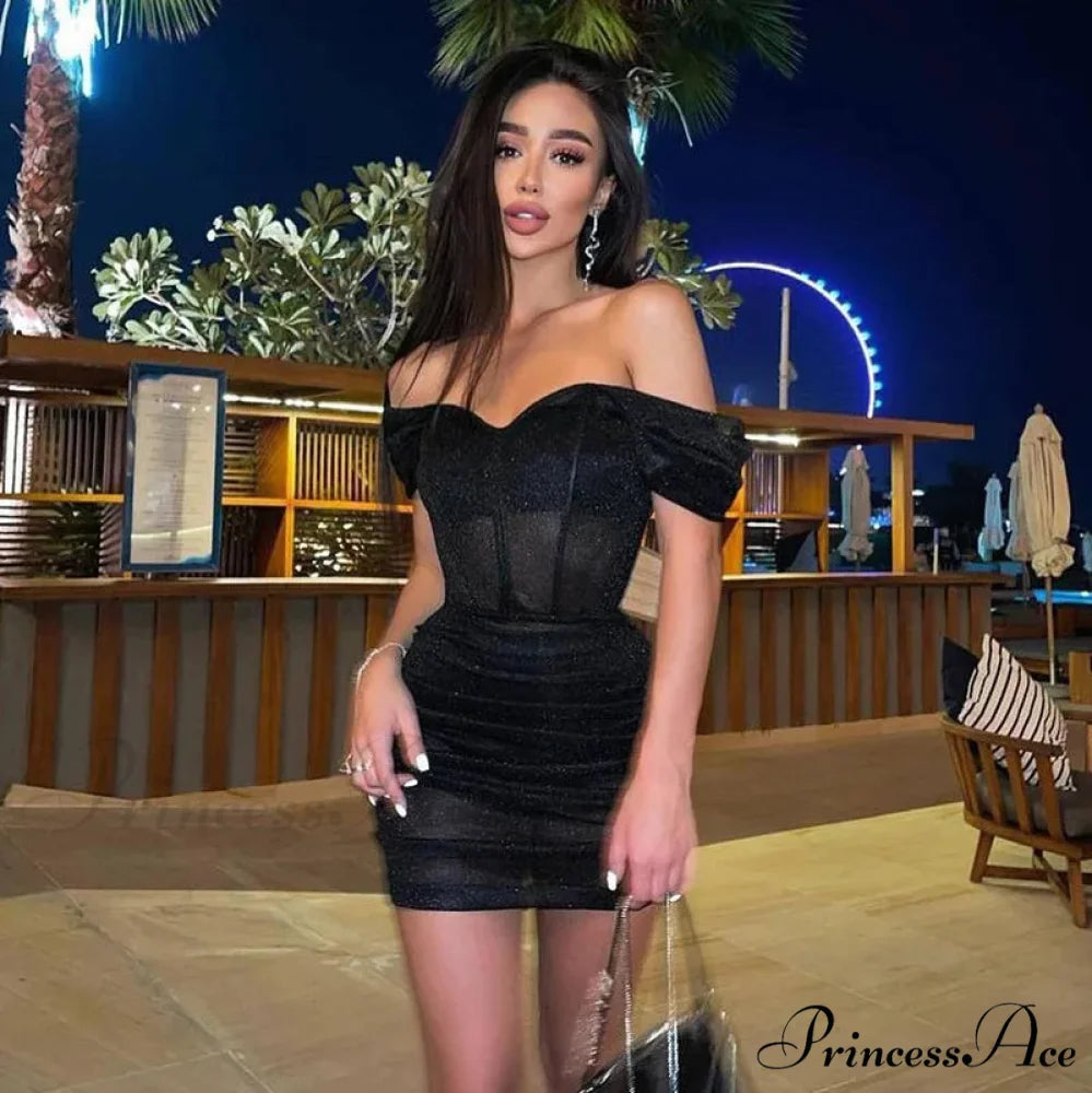 Off-Shoulder Ruffled Short Dress Black / S minidress-250223