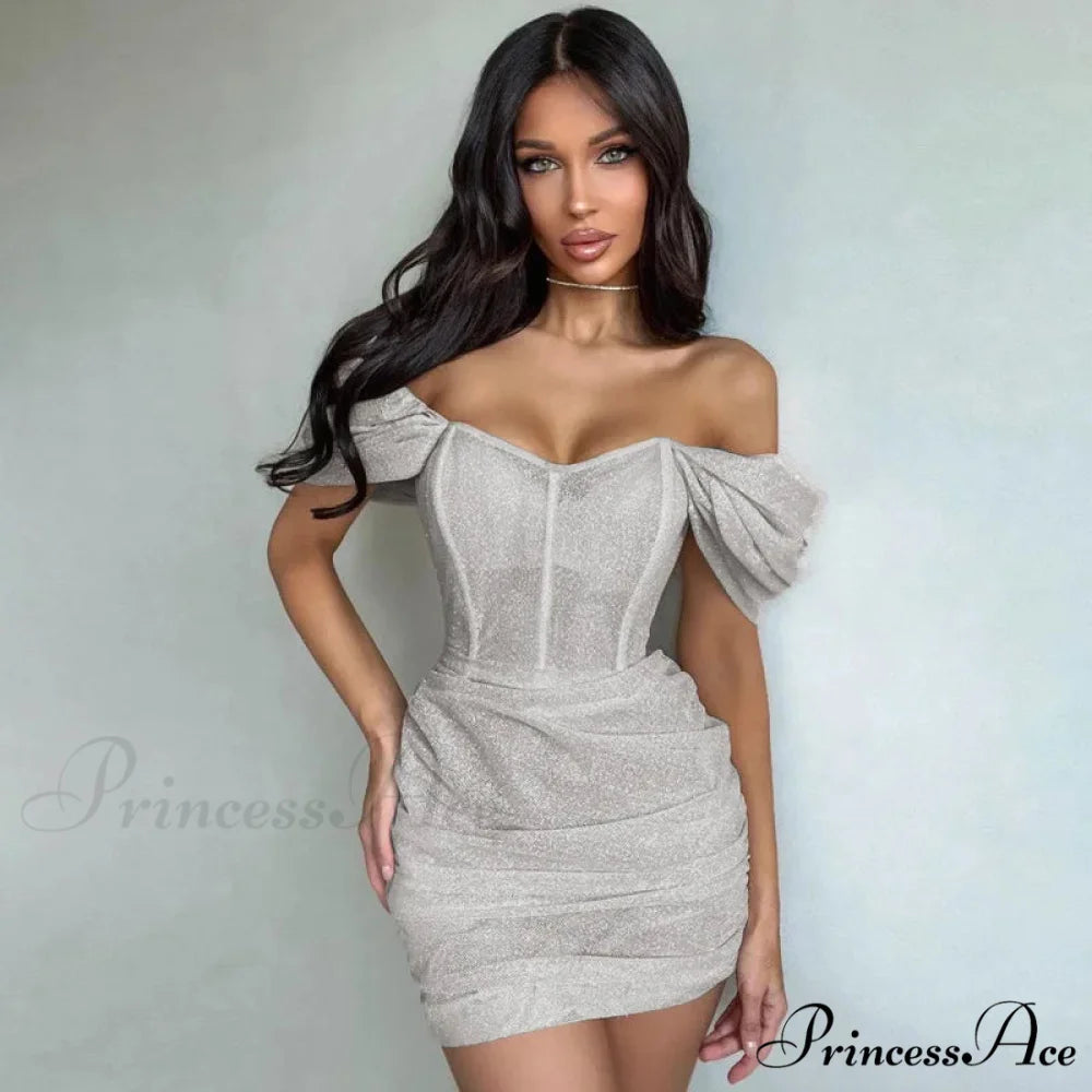 Off-Shoulder Ruffled Short Dress Silver / S minidress-250223