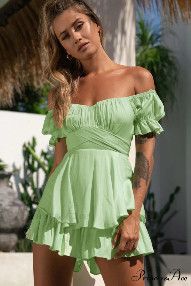 Off Shoulder Ruffled Skirt Pants with Tie Back Green / XS