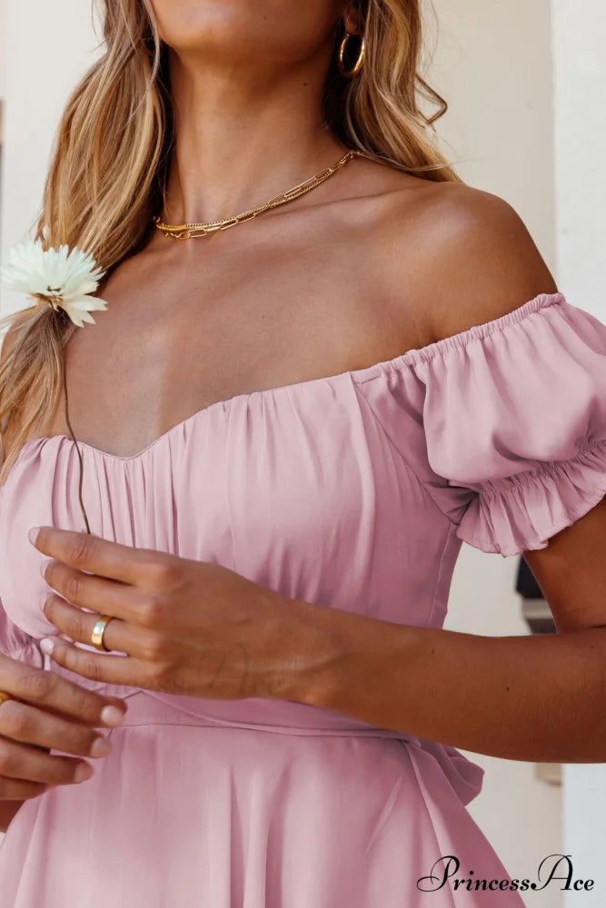 Off Shoulder Ruffled Skirt Pants with Tie Back Light Pink / L