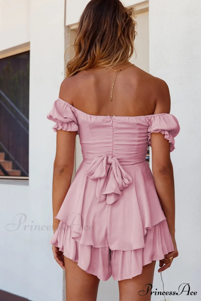 Off Shoulder Ruffled Skirt Pants with Tie Back Light Pink / XL
