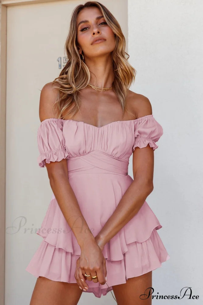Off Shoulder Ruffled Skirt Pants with Tie Back Light Pink / XS
