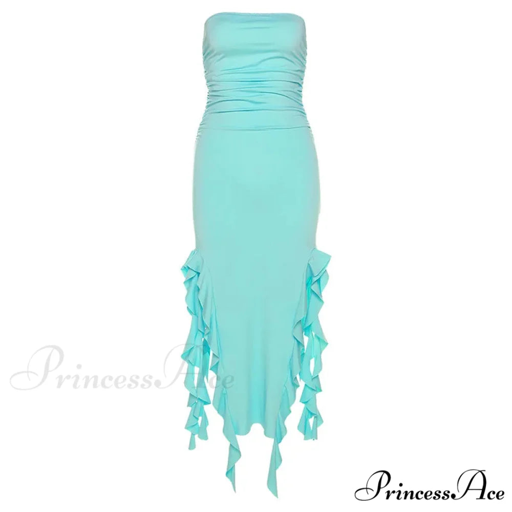 Off Shoulder Ruffles Women’s Elegant Strapless Sleeveless Slim Midi Dress 2024 Summer Fashion Evening Party Blue / S