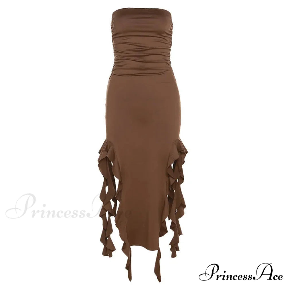 Off Shoulder Ruffles Women’s Elegant Strapless Sleeveless Slim Midi Dress 2024 Summer Fashion Evening Party Brown / S