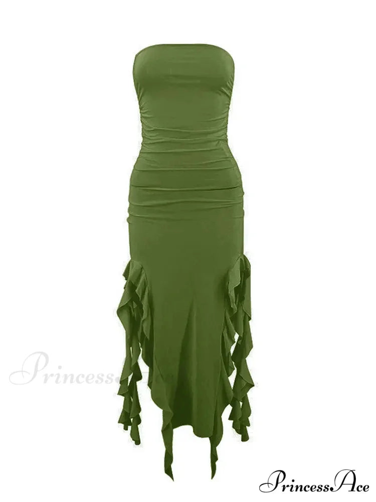 Off Shoulder Ruffles Women’s Elegant Strapless Sleeveless Slim Midi Dress 2024 Summer Fashion Evening Party Green / S
