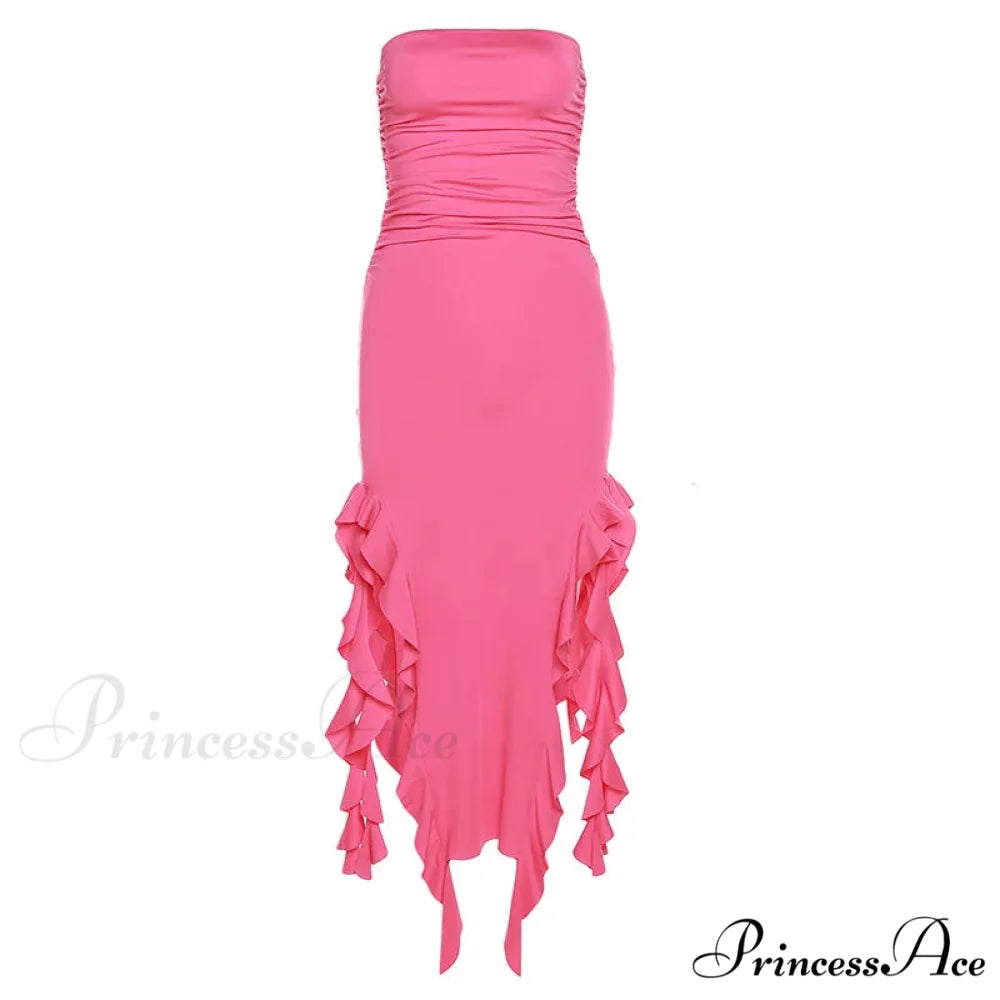 Off Shoulder Ruffles Women’s Elegant Strapless Sleeveless Slim Midi Dress 2024 Summer Fashion Evening Party Rose Red / S