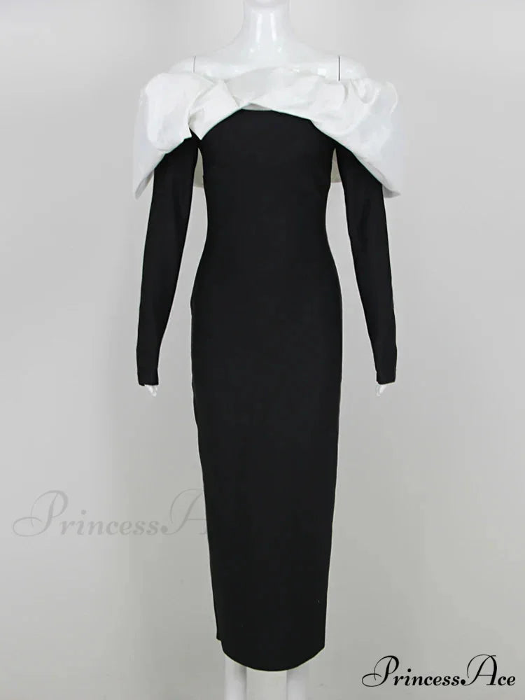 Off Shoulder Satin Charming Long SLeeve Midi Dress