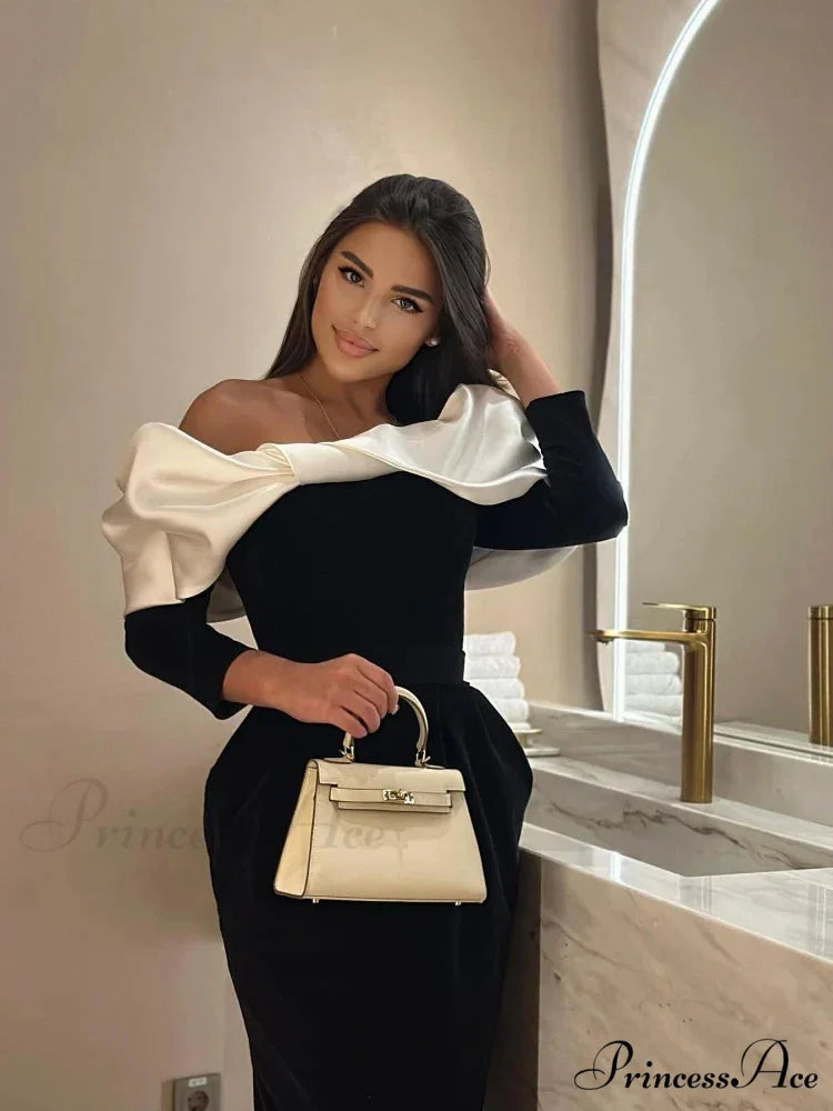 Off Shoulder Satin Charming Long SLeeve Midi Dress