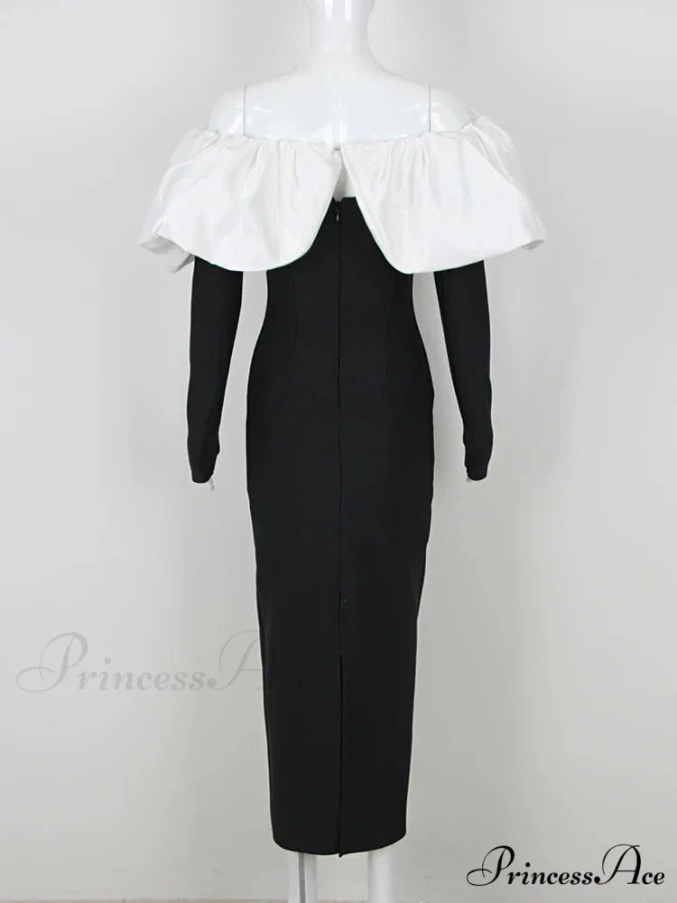 Off Shoulder Satin Charming Long SLeeve Midi Dress