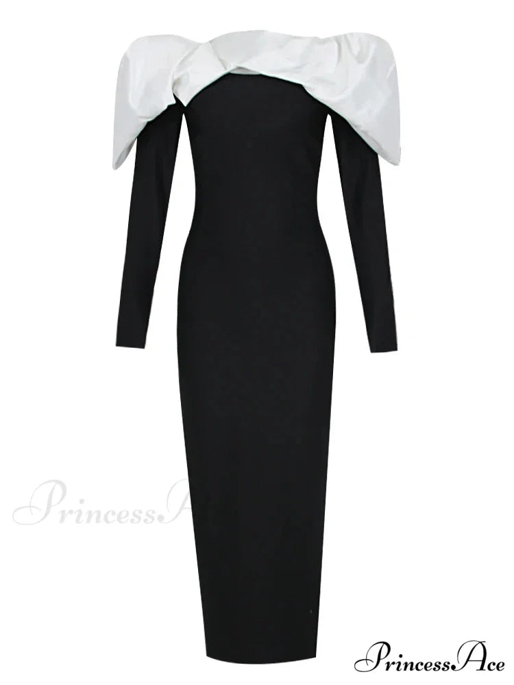 Off Shoulder Satin Charming Long SLeeve Midi Dress Black / S