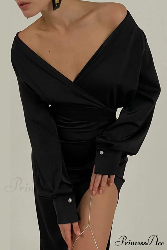 Off Shoulder Satin Dress with Gathered Silt