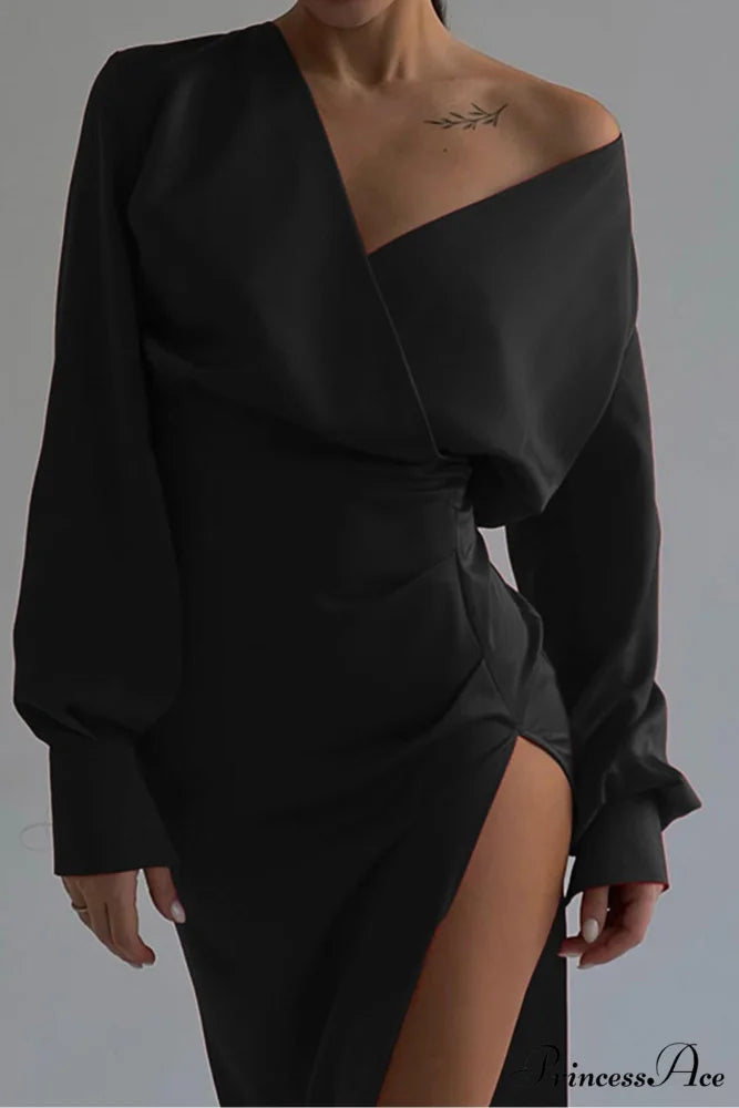 Off Shoulder Satin Dress with Gathered Silt Black / L