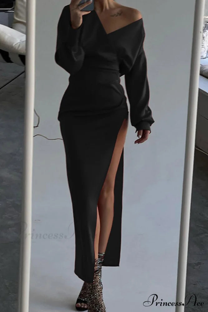 Off Shoulder Satin Dress with Gathered Silt Black / S