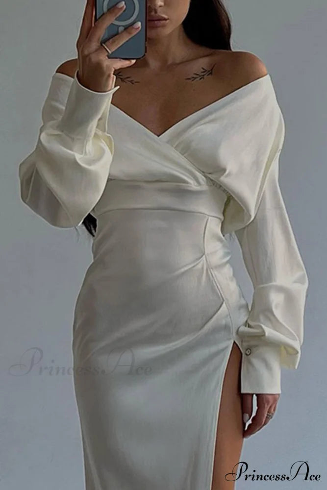 Off Shoulder Satin Dress with Gathered Silt White / L
