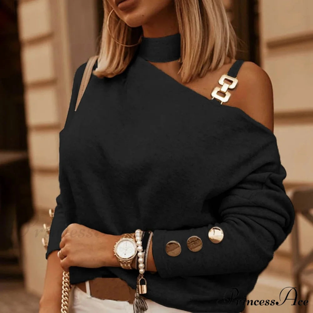 Off Shoulder Sequins Printed Long Sleeve Slash Neck Pullover