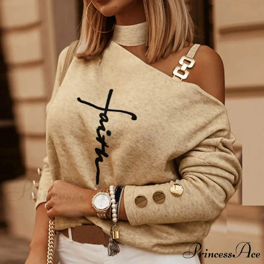 Off Shoulder Sequins Printed Long Sleeve Slash Neck Pullover Apricot / S