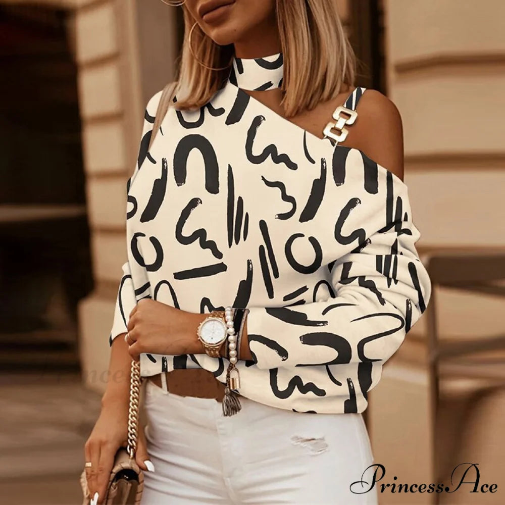 Off Shoulder Sequins Printed Long Sleeve Slash Neck Pullover Beign / S
