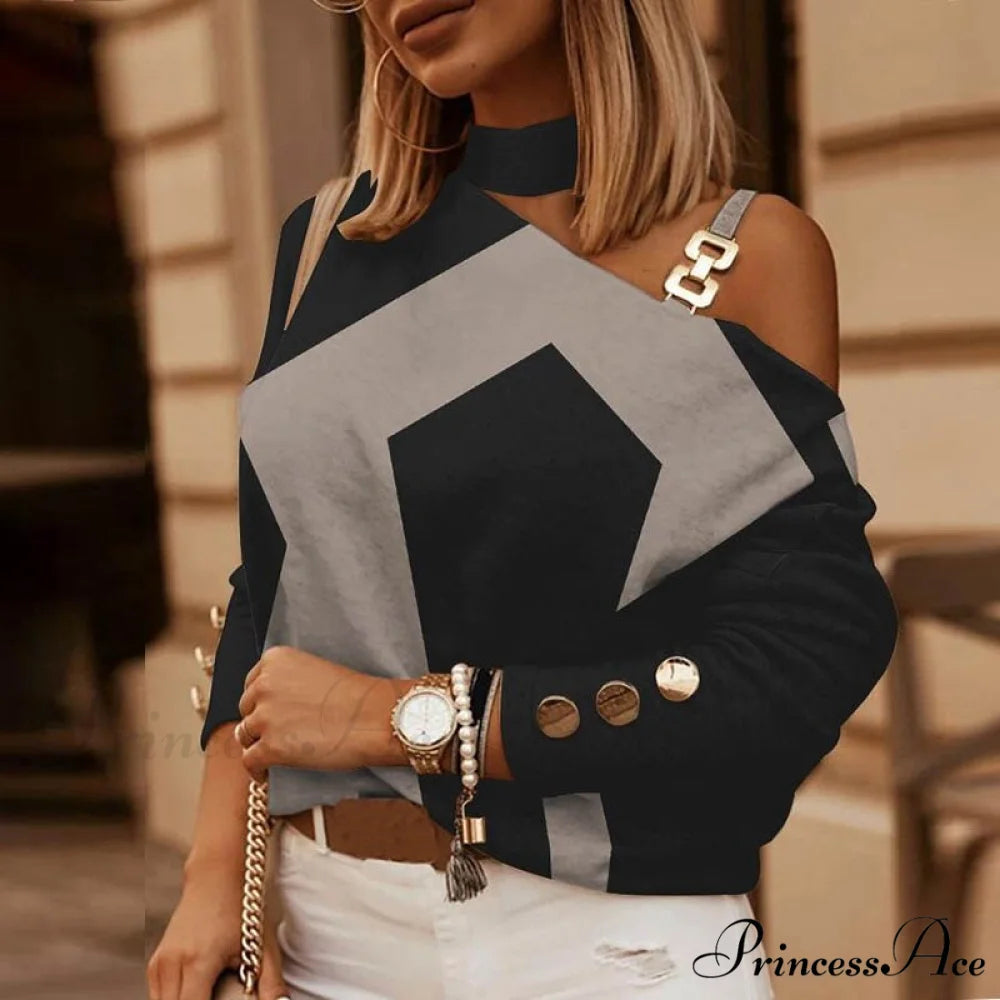 Off Shoulder Sequins Printed Long Sleeve Slash Neck Pullover Black block / S