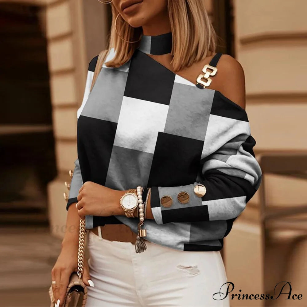 Off Shoulder Sequins Printed Long Sleeve Slash Neck Pullover Black plaid / S