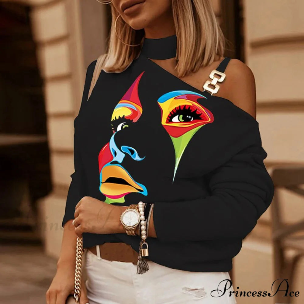 Off Shoulder Sequins Printed Long Sleeve Slash Neck Pullover Colorful face / S