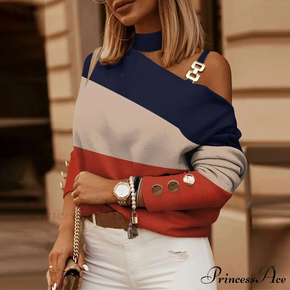 Off Shoulder Sequins Printed Long Sleeve Slash Neck Pullover Patchwork / S