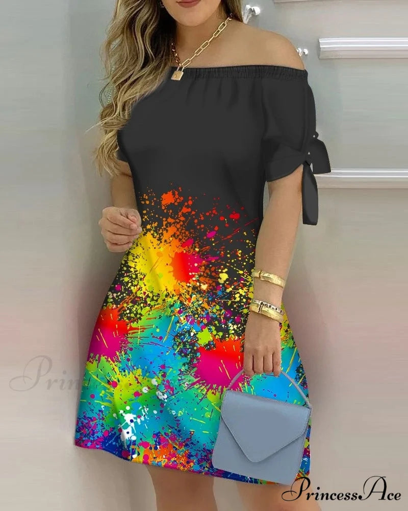 Off Shoulder Sexy Short Sleeve Bow Tie Striped Floral Print Mini Dress Color 12 / S