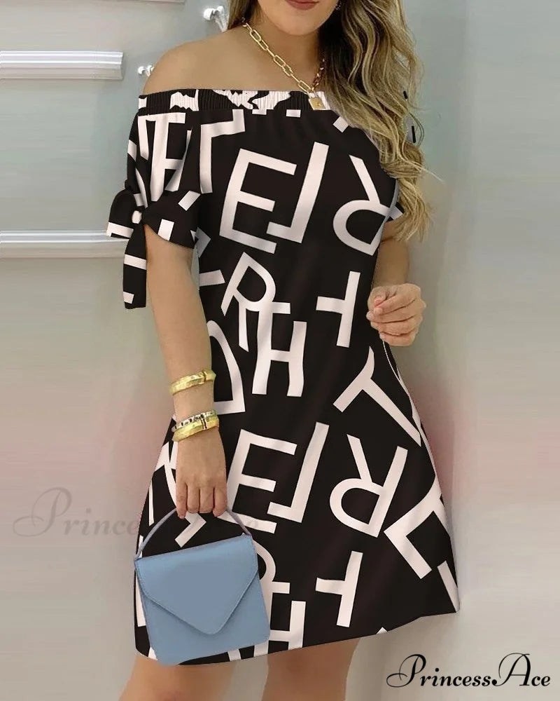 Off Shoulder Sexy Short Sleeve Bow Tie Striped Floral Print Mini Dress Color 8 / S