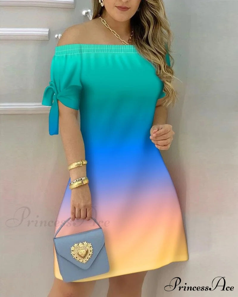 Off Shoulder Sexy Short Sleeve Bow Tie Striped Floral Print Mini Dress Color 9 / S