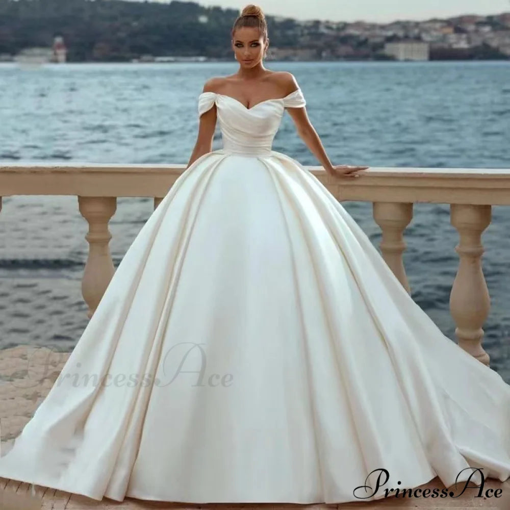 Off-Shoulder Silk Extended Train Wedding Gown lvory white / 16 weddingdress-250223