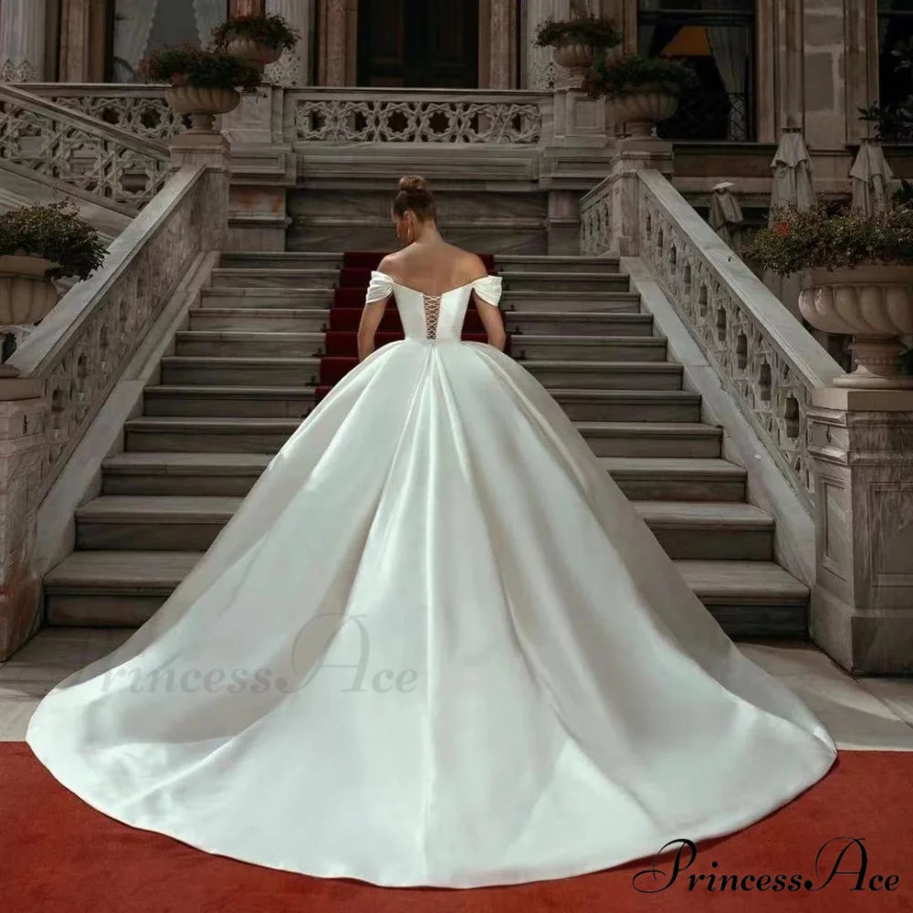 Off-Shoulder Silk Extended Train Wedding Gown white / 2 weddingdress-250223