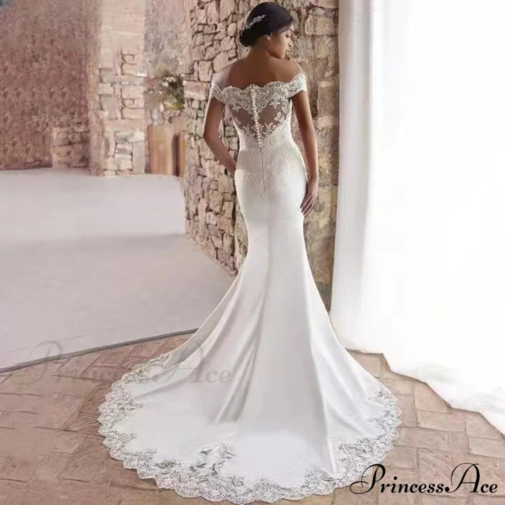 Off-Shoulder Silk Lace Mermaid Wedding Gown lvory white / 2 weddingdress-250223