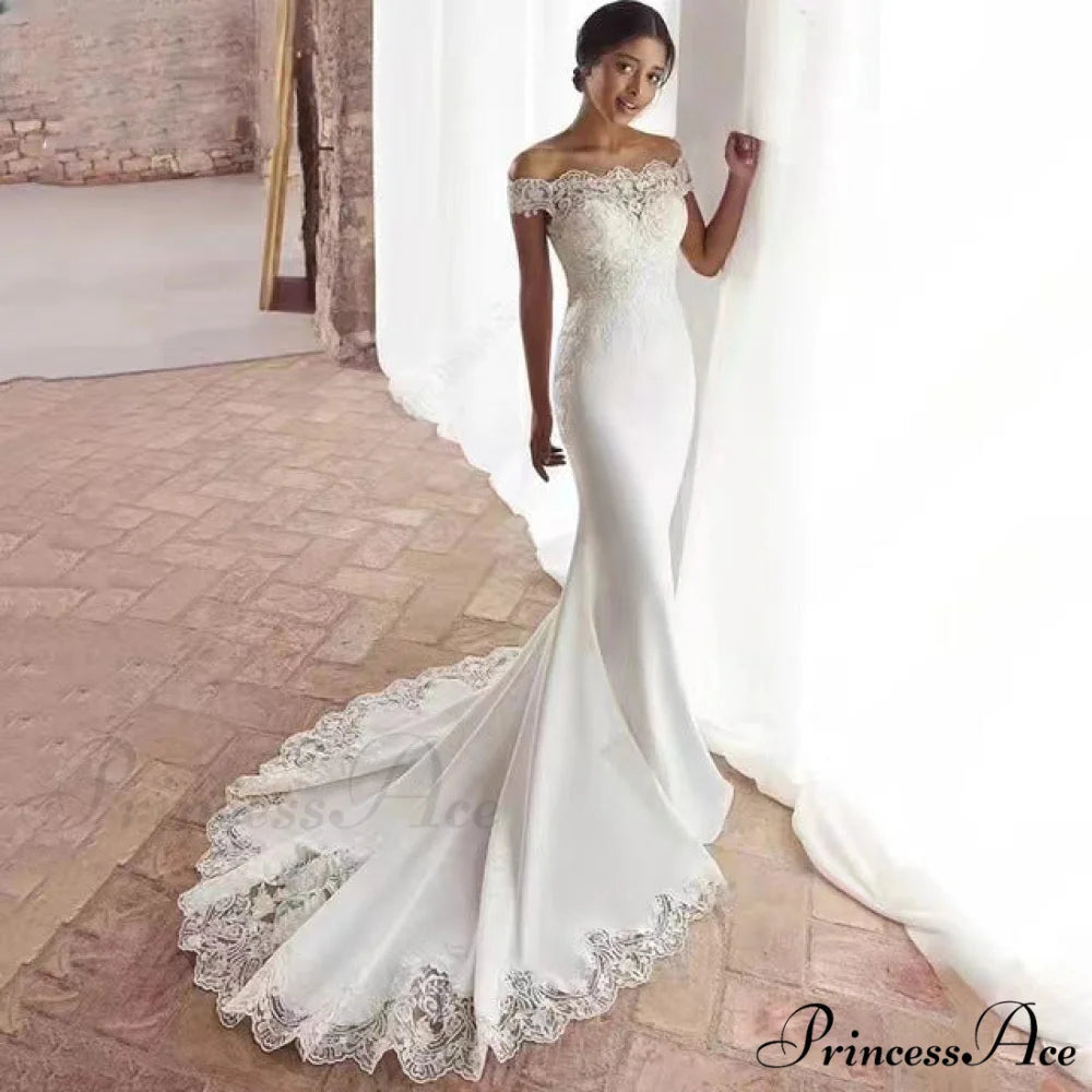 Off-Shoulder Silk Lace Mermaid Wedding Gown weddingdress-250223