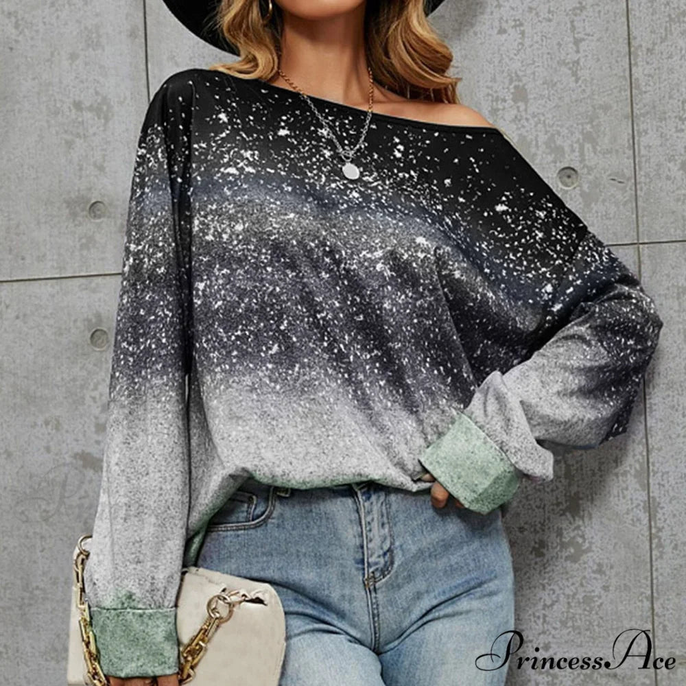 Off Shoulder Silver Sequin Long Sleeve Skew Collar Pullover Black / S