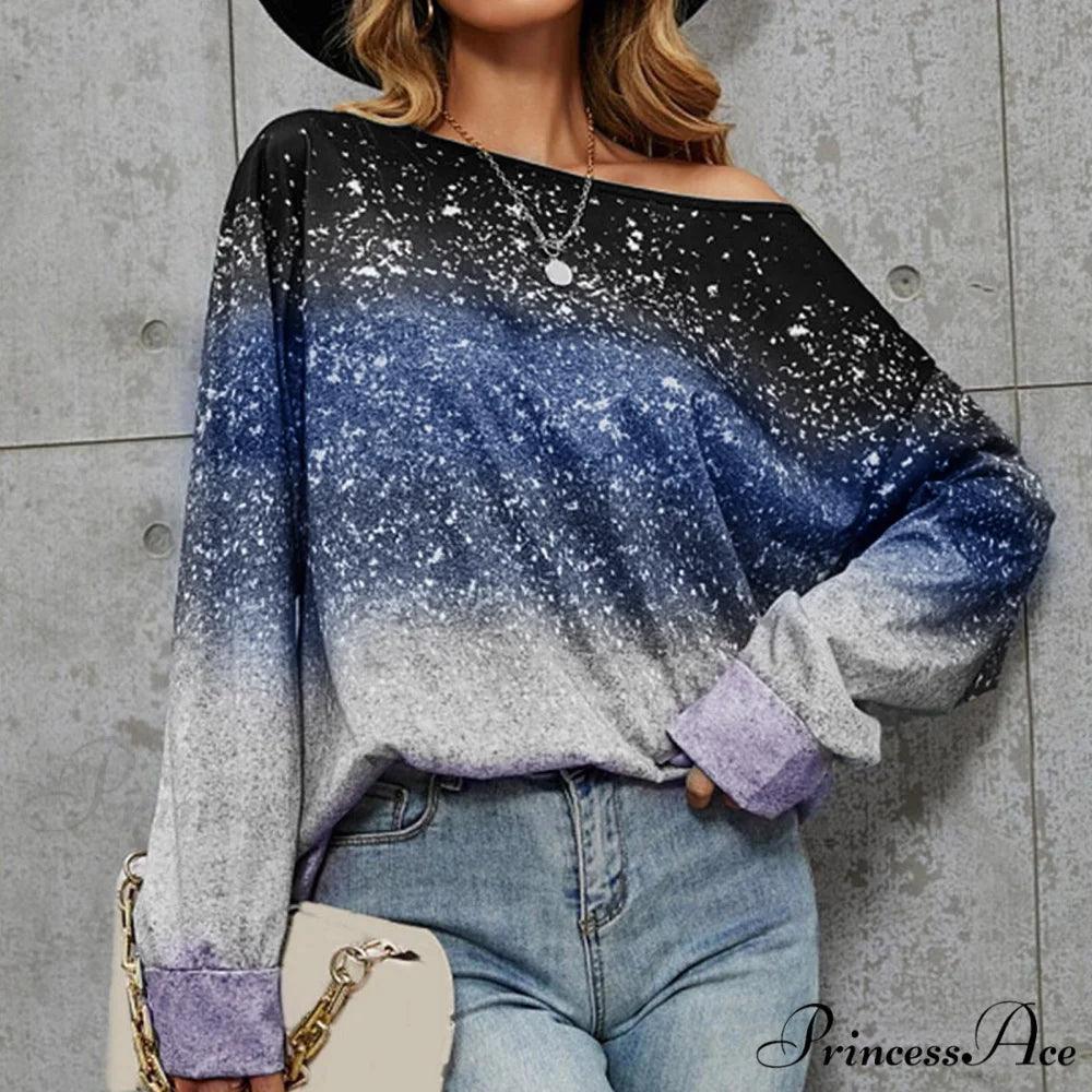 Off Shoulder Silver Sequin Long Sleeve Skew Collar Pullover Blue / S