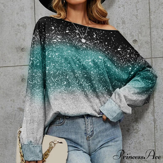 Off Shoulder Silver Sequin Long Sleeve Skew Collar Pullover Green / S