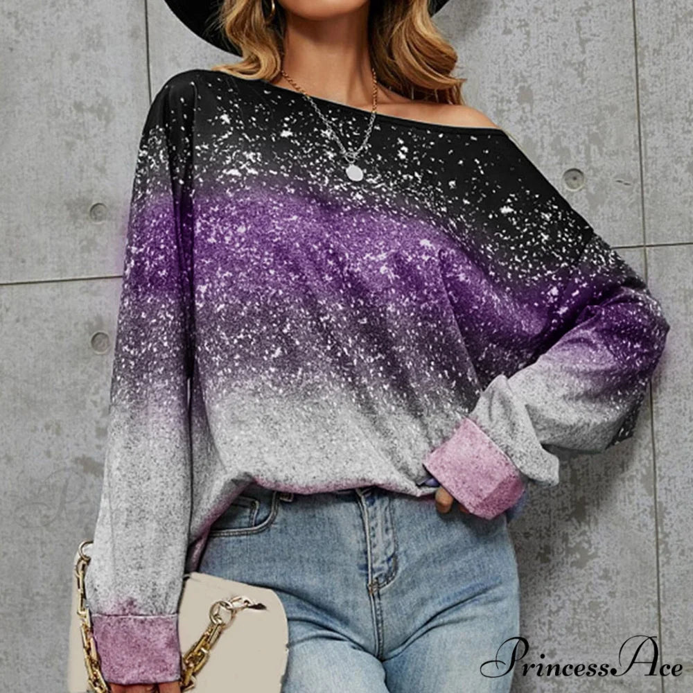 Off Shoulder Silver Sequin Long Sleeve Skew Collar Pullover Purple / S