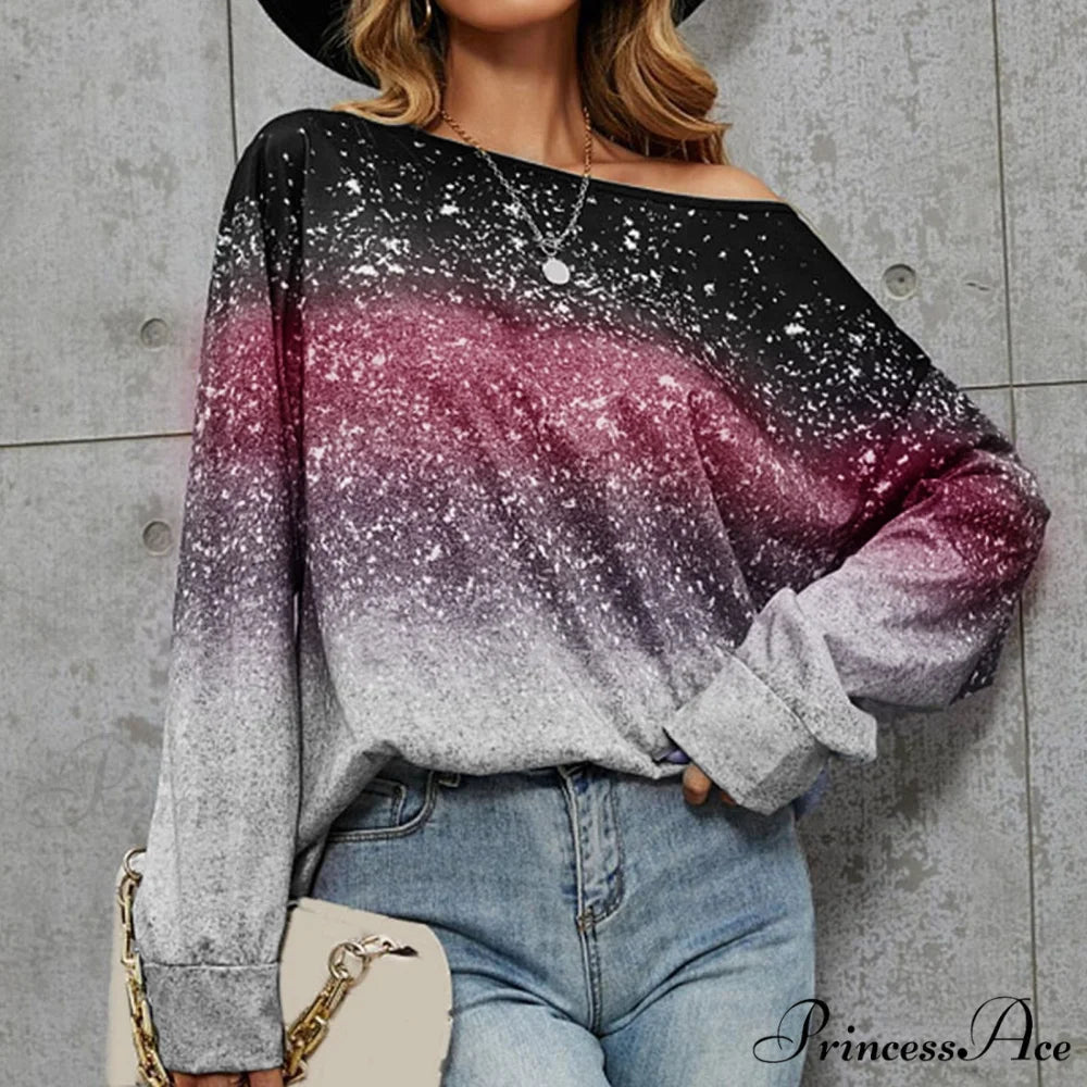 Off Shoulder Silver Sequin Long Sleeve Skew Collar Pullover Red / S